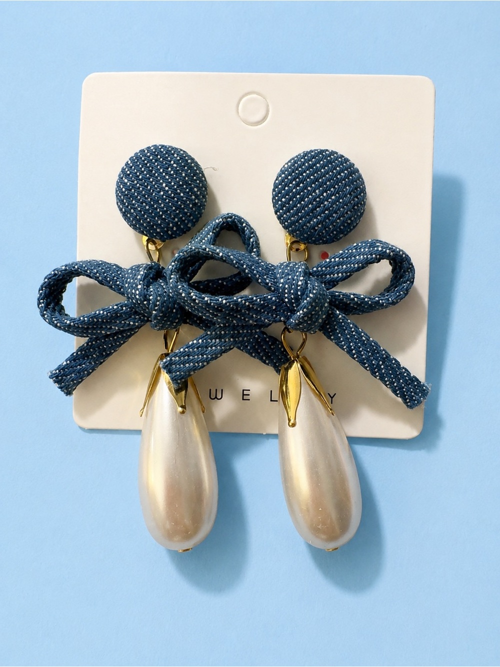 Denim & Bow Pearl Drop Earrings - NWT